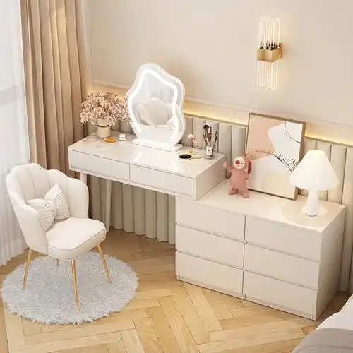 奶油风梳妆台现代简约收纳柜斗柜化妆台一体书桌ins化妆桌2022