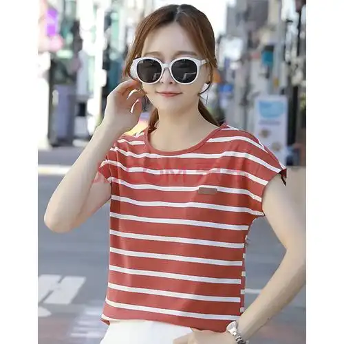 短袖t恤女2020夏季新款条纹上衣韩版大码宽松圆领薄款半袖女装体恤衫