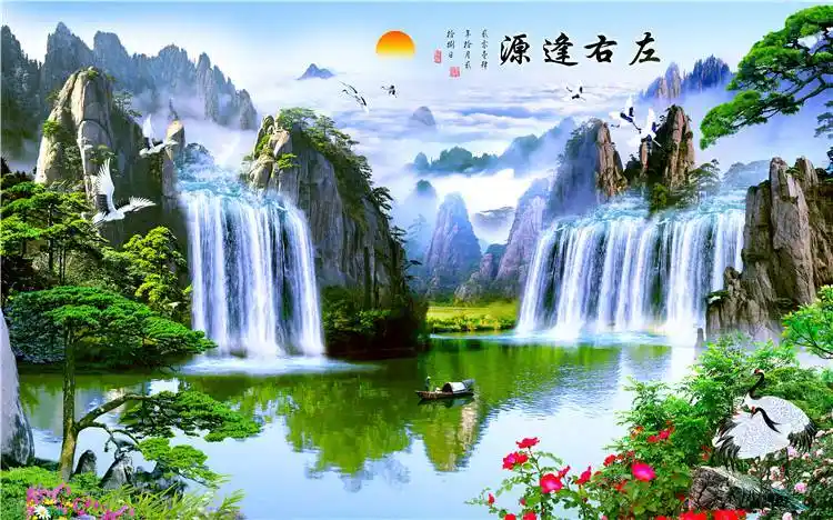 山水画客厅风景客厅装饰画山水风景壁画现代中式大自然迎客松背景墙贴