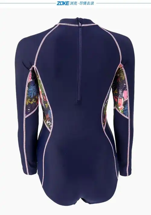 zoke洲克 女士泳衣 连体长袖三角款 游泳健身 度假出游 深兰/深玫花 l