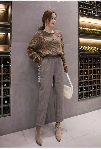 实拍毛呢女秋冬萝卜裤新款韩版女高腰宽松直筒小脚九分休闲哈伦裤