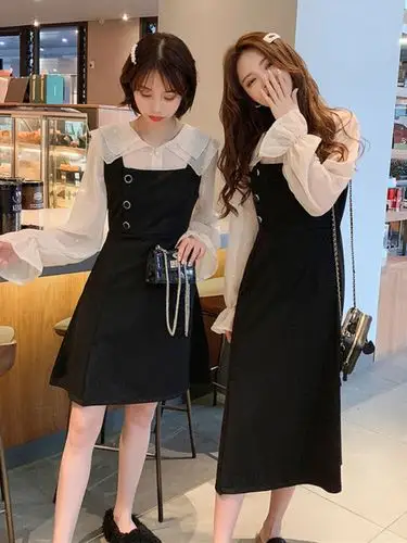 2019春装女套装新款闺蜜装气质黑色背带连衣裙中长款喇叭袖娃娃领雪纺