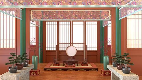 古代建筑室内屏风桌椅挂帘盆栽后宫中厅高清led大屏幕舞台背景图