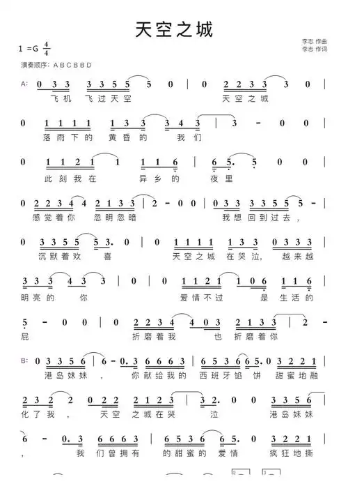 天空之城李志智能简谱