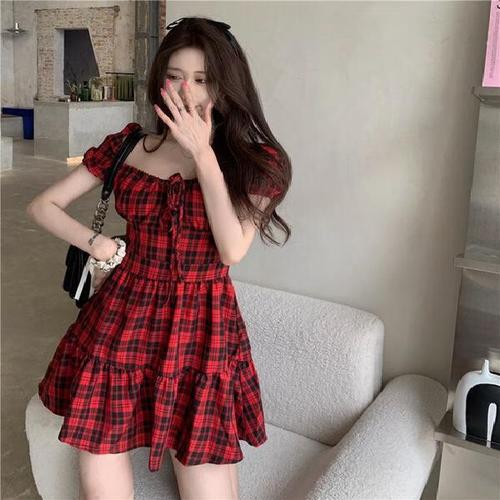 星垂晓雾女生裙子成年礼服生日裙子夏季红色格子连衣裙夏装2024新款女