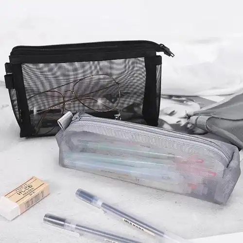 日本muji无印良品文具透明网纱铅笔考试学生用男女简约大容量笔袋