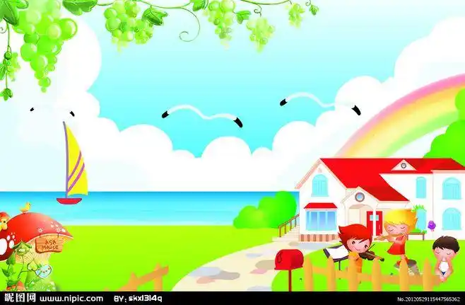 卡通蓝天白云风景图 蓝天 白云 卡通大雁 葡萄 葡萄枝叶 卡通帆船