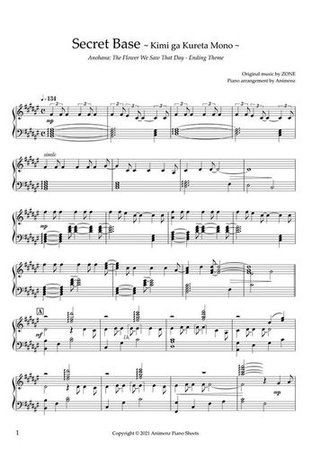 a叔原谱 secret base 你给我的所有 未闻花名 ed animenz钢琴谱 nz