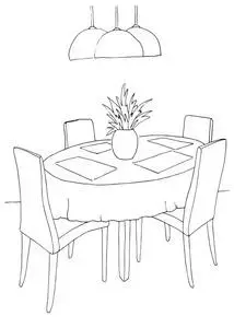 简单素描画餐厅里的一部分.一轮桌子和椅子.上表的花瓶里的花.
