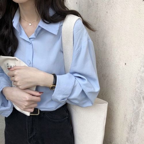 时尚纯色百搭雪纺衬衫女夏装年新款潮韩版宽松女士上衣服浅蓝色3xl