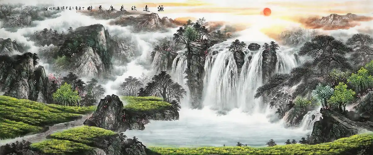 已售客厅聚宝盆山水画赵君辉力作风水画源远流长广聚财