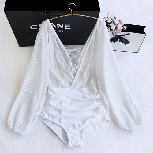 白色泳衣女夏保守连体长袖网纱镂空长裙度假连体泳衣