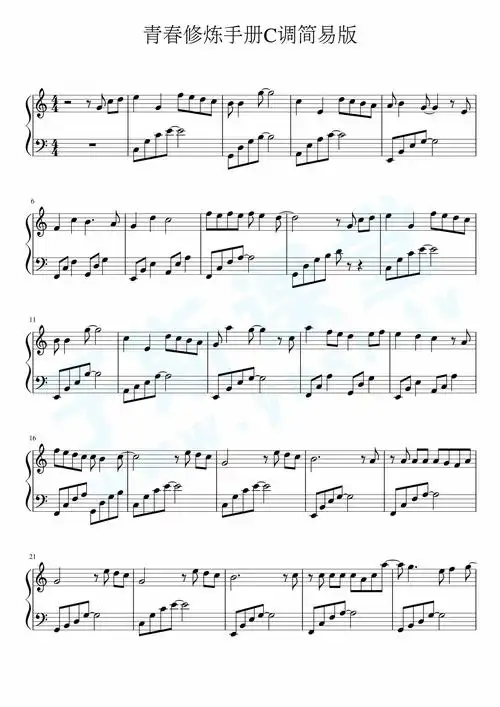 青春修炼手册c调简易版钢琴曲谱,于斯课堂精心出品.
