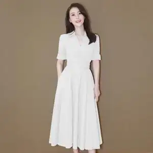 白色衬衫连衣裙女高圆圆明星同款v领雪纺长裙小白裙修身礼服裙子