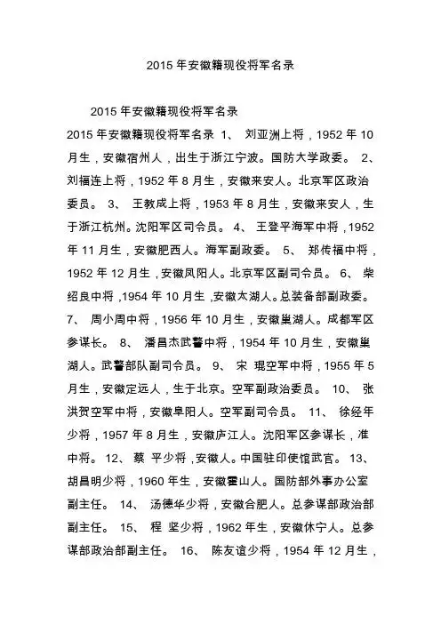 2015年安徽籍现役将军名录 2015年安徽籍现役将军名录 2015年安徽籍