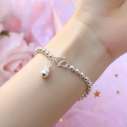 梦金园足银手链小珠子福袋银手链圆珠链银首饰女士简约百搭礼物