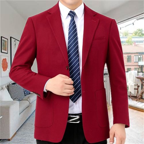 秋冬男士商务休闲纯红色羊毛西装中年宽松单件大码免烫西服外套男