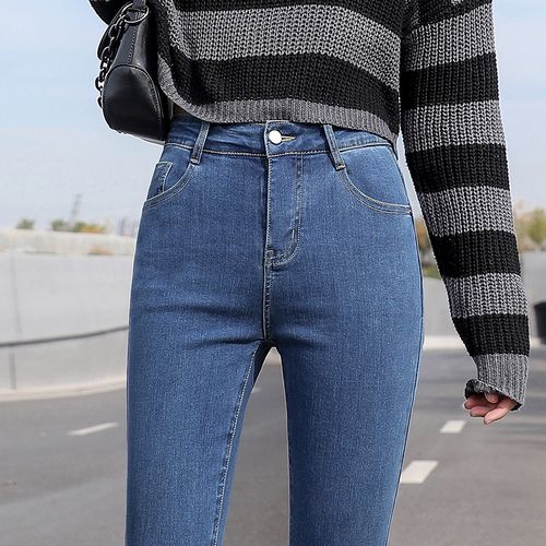 深蓝色牛仔裤女修身2021年新款弹力紧身显瘦长裤高腰小脚铅笔裤子