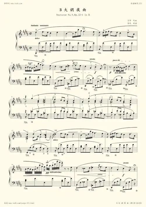 钢琴谱:b大调夜曲,op.32,no.1(肖邦第9号夜曲)