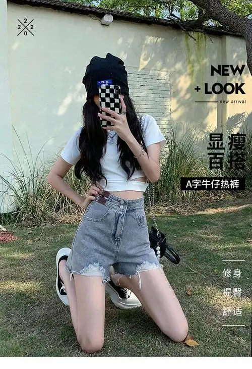 双扣牛仔短裤女ins夏宽松设计皮牌高腰黑色毛边阔腿破洞a字热裤
