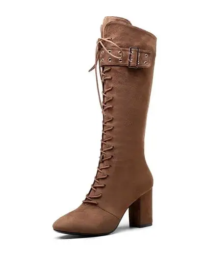 卡米kumikiwa女鞋专场 2016秋冬黑色绒里高跟圆头系带高筒靴子 运费