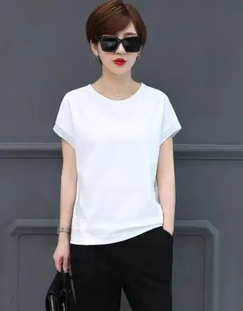 短袖t恤女2018夏季新款宽松显瘦大码上衣圆领纯色棉质蝙蝠体恤衫 白色