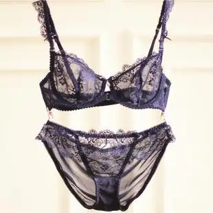 超薄透明文胸性感薄款蕾丝调整型透明 诱惑内衣套装少女大码刺绣