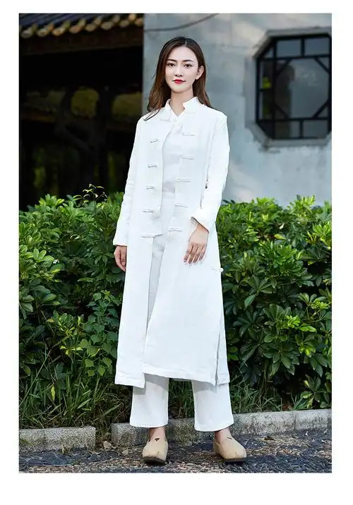 加厚修行禅服套装梦格曼居士服女棉麻中长款袍子中式盘扣外套开衫外披