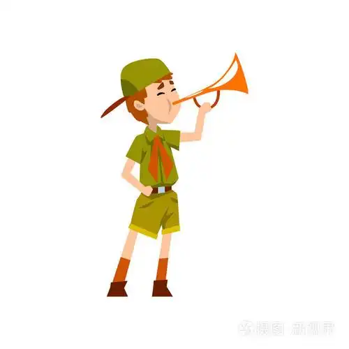 男孩童子军字符在绿色制服演奏小号媒介例证在白色背景上