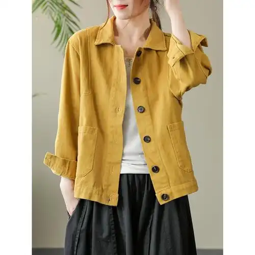 素缺春季新款长袖短款外套女士纯色百搭宽松显瘦单排扣工装款上衣