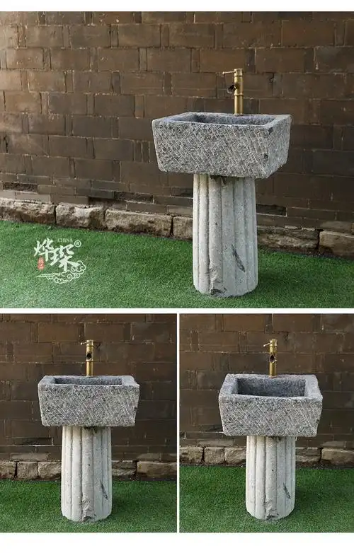 盆石头水槽洗手池圆形户外庭院水盆洗衣槽拖把池室外深灰圆形洗手盆