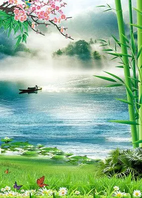 山水梅花喜鹊竹子移门装饰画