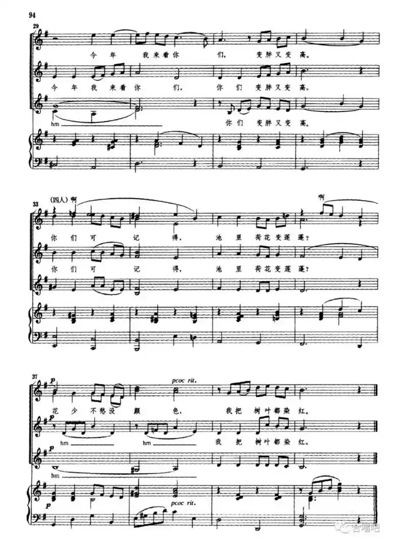 《西风的话》合唱版五线谱 花少不愁没颜色 我把树叶都染红   (线谱