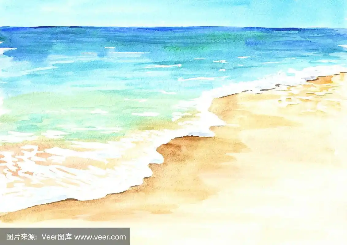 夏日的热带海滩,金色的沙滩和海浪.手绘水彩插图