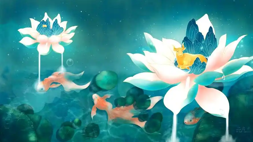 画面是水中的尽力和莲花中的金牛组成的古风画壁纸,想做为自己的壁纸