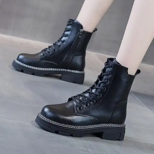 新款加绒厚底真皮牛皮马丁靴女韩版系带女靴子休闲女学生鞋子女