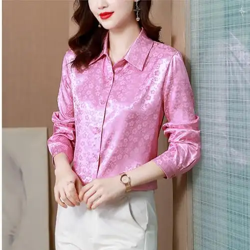 粉色提花重磅真丝衬衫女长袖2022春秋新款时尚高端大牌桑蚕丝上衣