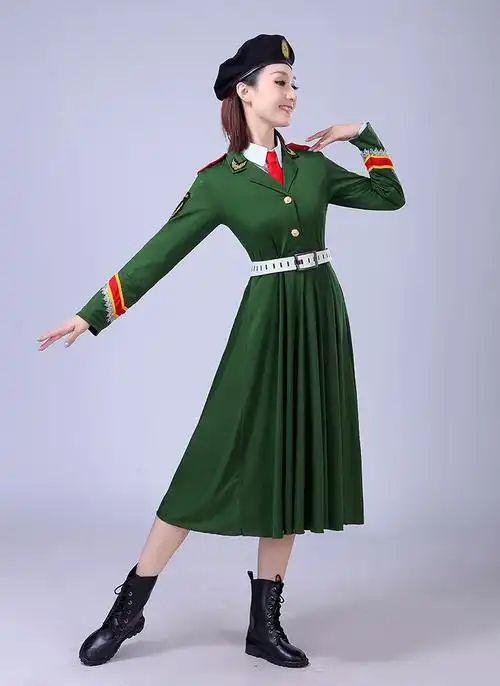 誓言舞蹈服装纯色弹力军旅广场舞服装女兵服仪仗队服女长裙演出服 军
