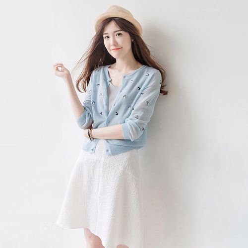 空调衫外搭开衫女刺绣夏季针织薄款冰丝七分袖短款韩版披肩防晒衣