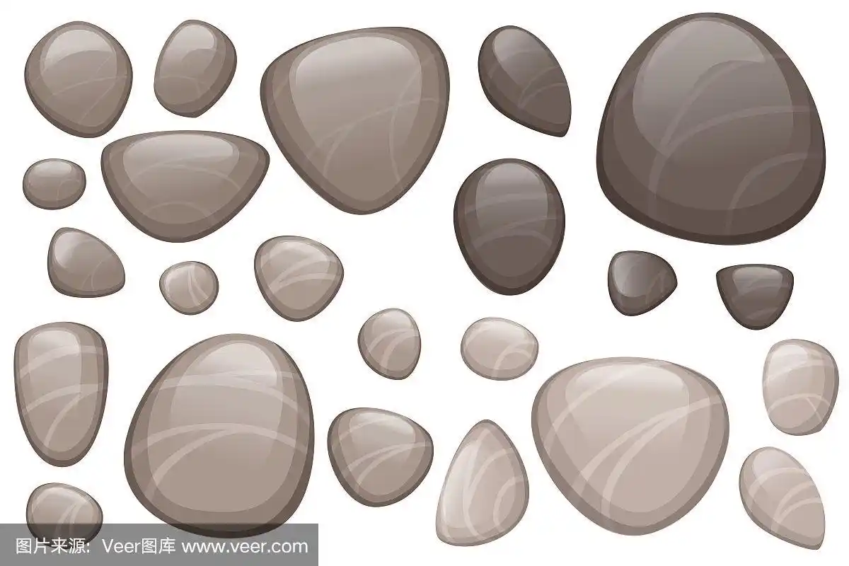 一套光滑的石头或鹅卵石平面矢量插图孤立在白色的背景