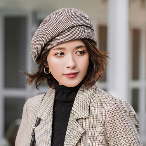 贝雷帽子女秋冬韩版百搭日系千鸟格贝蕾帽复古八角帽