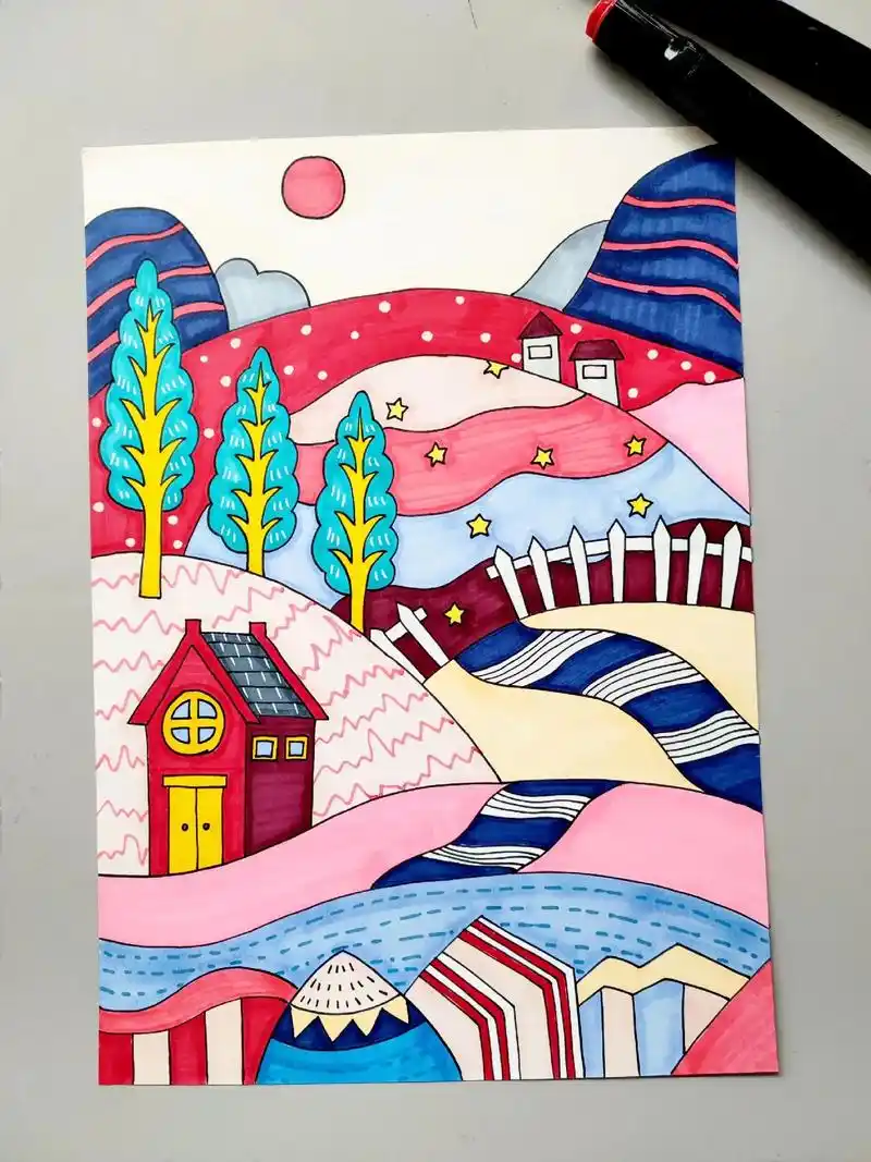 马克笔风景装饰画.山山而川,征途漫漫,大家国庆假期 - 抖音