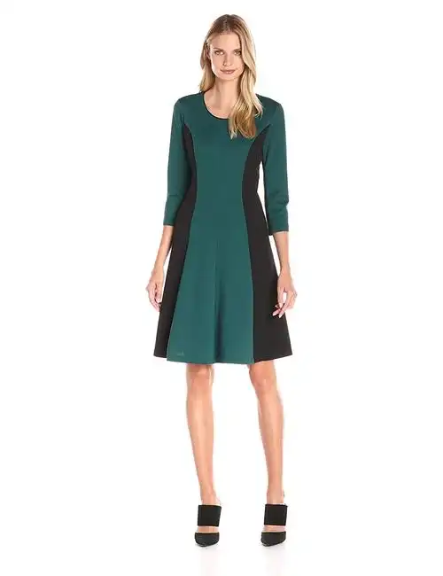 kasper 女式七分袖垂直拼色罗马布连衣裙