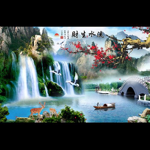 鱼缸背景纸高清造景壁纸后景装饰3d立体图流水生财壁画贴纸定制