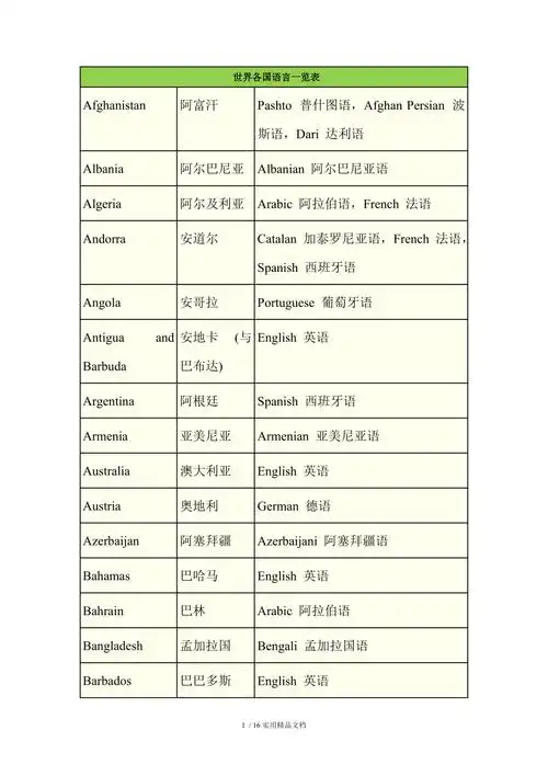 世界各国语言一览表经典实用