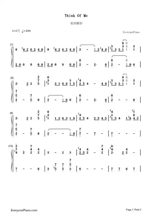 think of me-歌剧魅影 ost双手简谱预览1