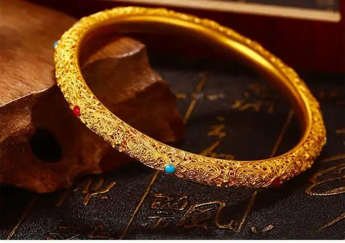 鑫徕帝珠宝 传承古法黄金手镯足金999宫廷镂空花丝手镯手工镶嵌手镯