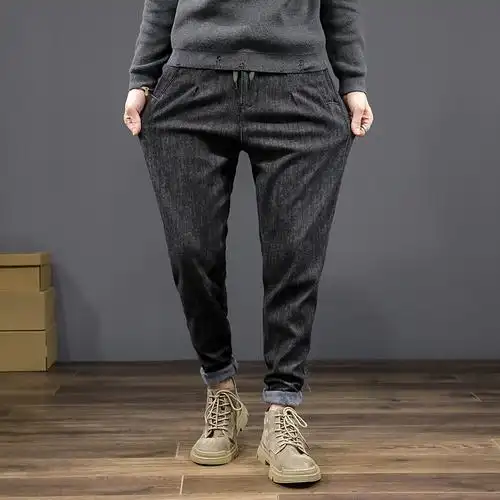 yuansu秋季牛仔裤男宽松直筒大码秋冬加绒哈伦长裤潮流百搭休闲裤子