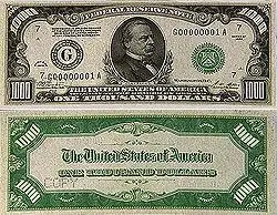 1000美元正面是克利夫兰(cleveland,1827-1908)肖像.
