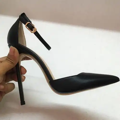 春季2018女夏尖头高跟包头单鞋一字带扣性感夜店12cm细跟中空上新